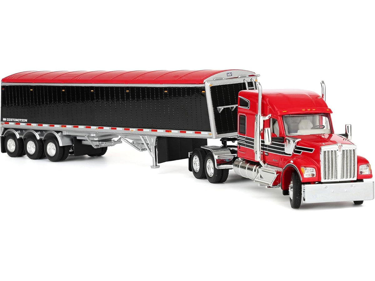 Kenworth W990 with 76" Mid-Roof Sleeper and Lode King Distinction Hopper Trailer Red and Black 1/64 Diecast Model