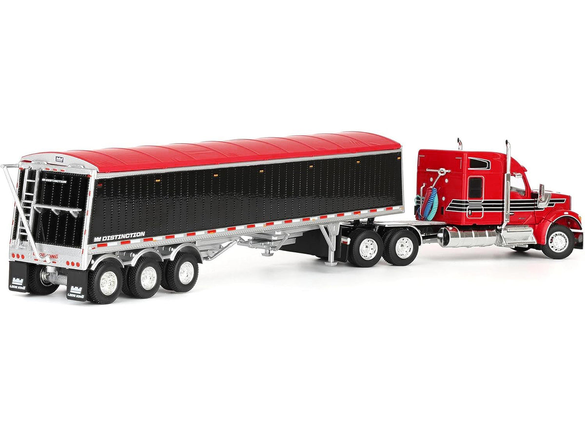 Kenworth W990 with 76" Mid-Roof Sleeper and Lode King Distinction Hopper Trailer Red and Black 1/64 Diecast Model