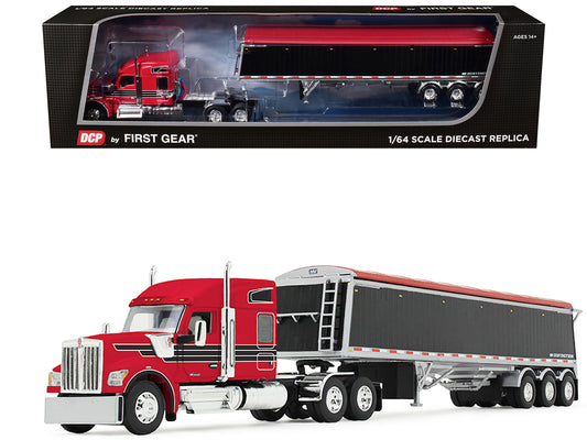 Kenworth W990 with 76" Mid-Roof Sleeper and Lode King Distinction Hopper Trailer Red and Black 1/64 Diecast Model