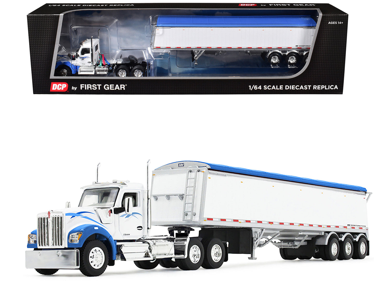 Kenworth W990 Day Cab and Lode King Distinction Hopper Trailer White and Blue 1/64 Diecast Model