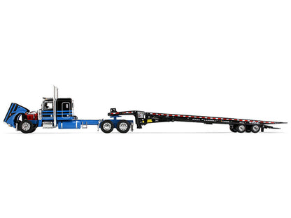 Peterbilt 389 with 48" Flat Top Sleeper and Landoll 440B-50CA Traveling Axle Trailer Black with Blue Stripes 1/64 Diecast Model