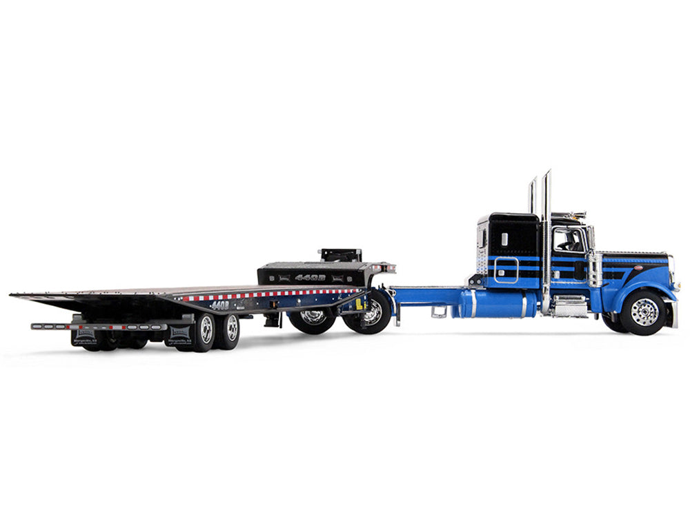 Peterbilt 389 with 48" Flat Top Sleeper and Landoll 440B-50CA Traveling Axle Trailer Black with Blue Stripes 1/64 Diecast Model