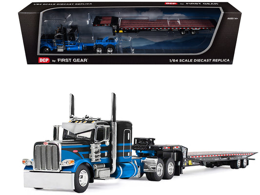 Peterbilt 389 with 48" Flat Top Sleeper and Landoll 440B-50CA Traveling Axle Trailer Black with Blue Stripes 1/64 Diecast Model