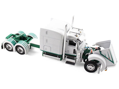 Peterbilt 389 with 63" Mid-Roof Sleeper and 53' Utility Trailer White with Green Stripes 1/64 Diecast Model