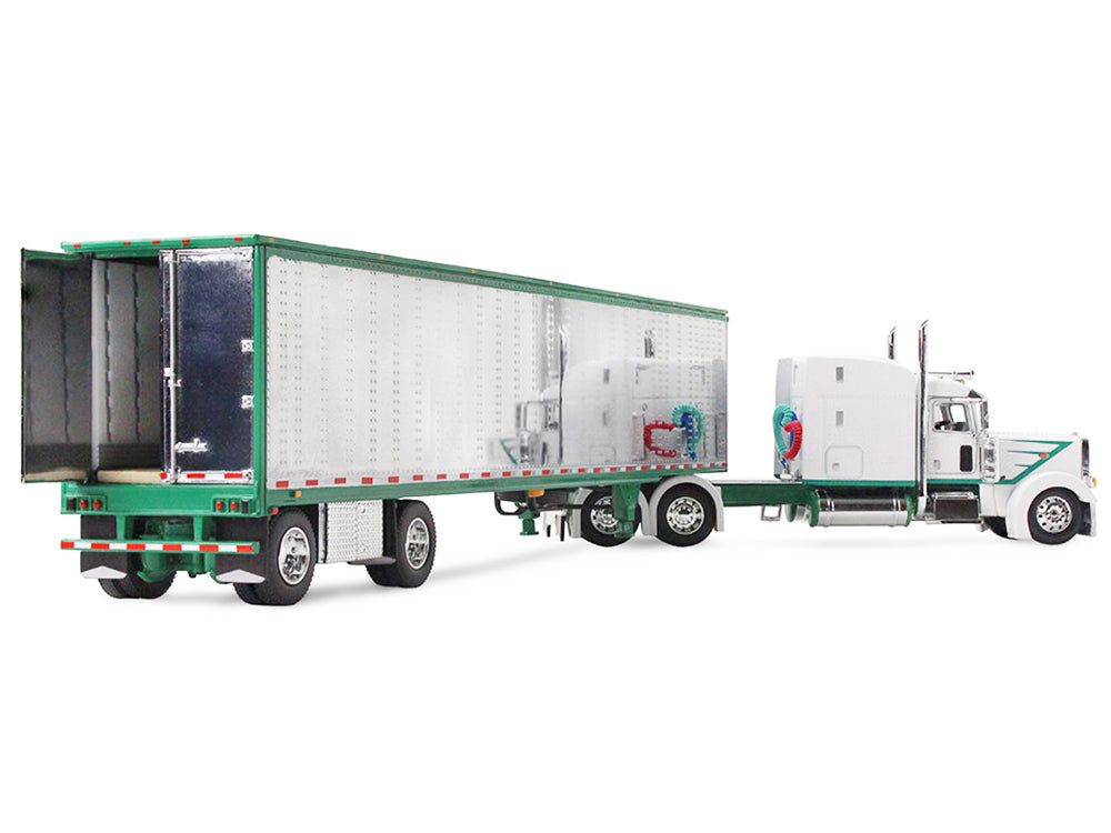 Peterbilt 389 with 63" Mid-Roof Sleeper and 53' Utility Trailer White with Green Stripes 1/64 Diecast Model