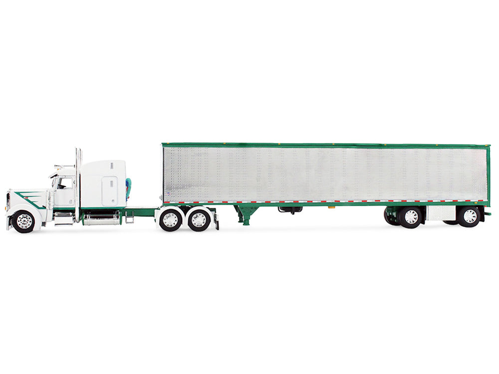 Peterbilt 389 with 63" Mid-Roof Sleeper and 53' Utility Trailer White with Green Stripes 1/64 Diecast Model