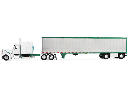 Peterbilt 389 with 63" Mid-Roof Sleeper and 53' Utility Trailer White with Green Stripes 1/64 Diecast Model