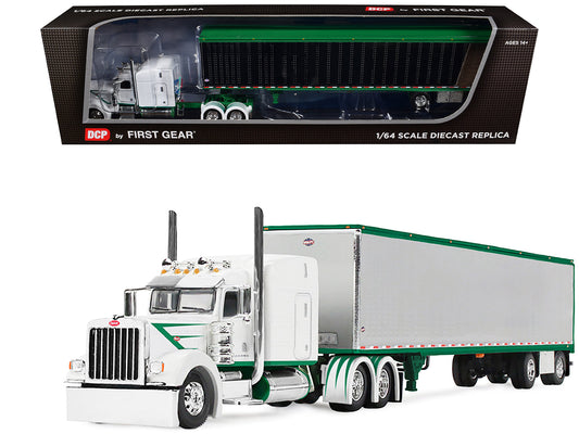 Peterbilt 389 with 63" Mid-Roof Sleeper and 53' Utility Trailer White with Green Stripes 1/64 Diecast Model