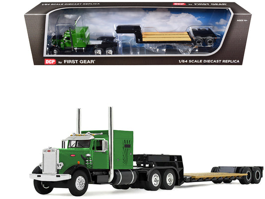 Peterbilt 351 with 60" Vintage Sleeper and Rogers Vintage Lowboy Trailer Green with Black Trailer 1/64 Diecast Model