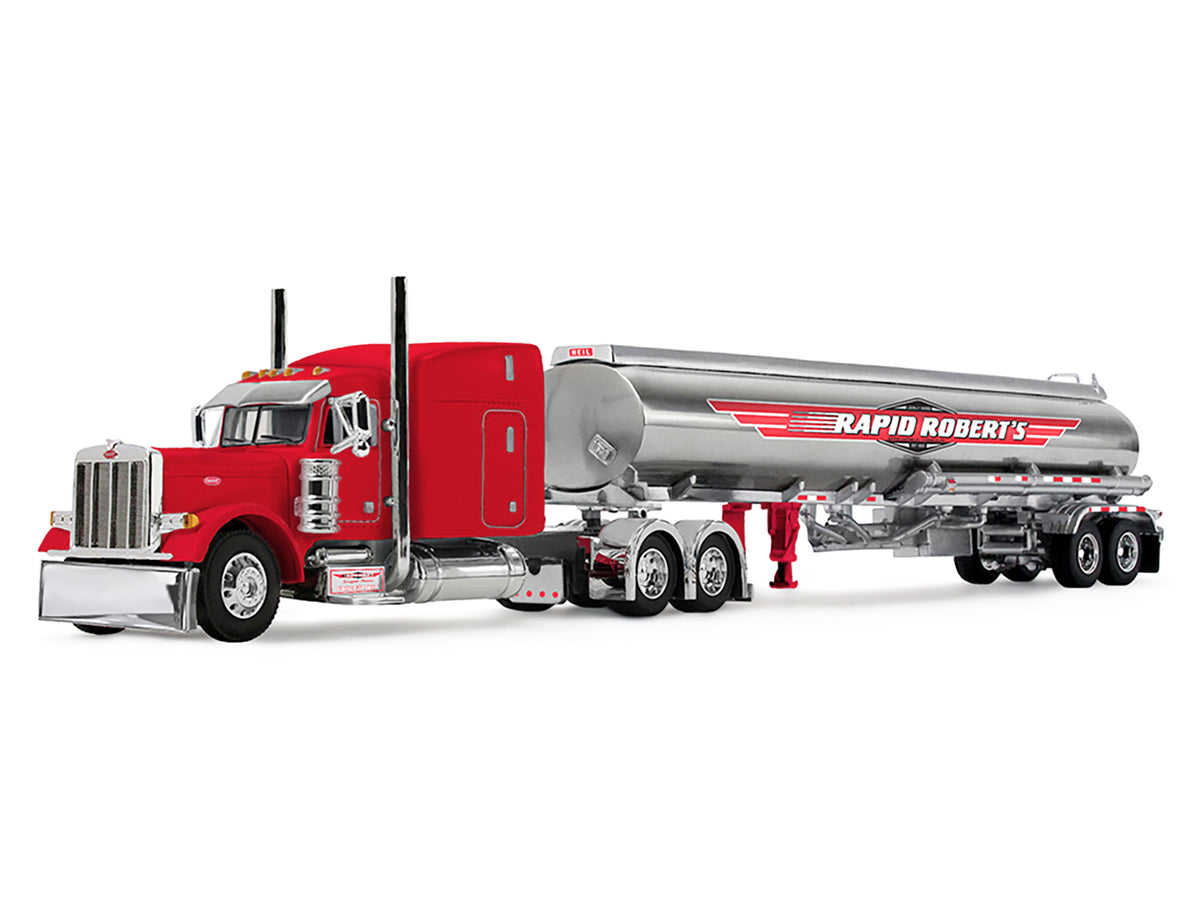 Peterbilt 379 with 63" Mid-Roof Sleeper and Heil Fuel Tank Trailer "Rapid Roberts" Red 1/64 Diecast Model