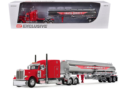 Peterbilt 379 with 63" Mid-Roof Sleeper and Heil Fuel Tank Trailer "Rapid Roberts" Red 1/64 Diecast Model