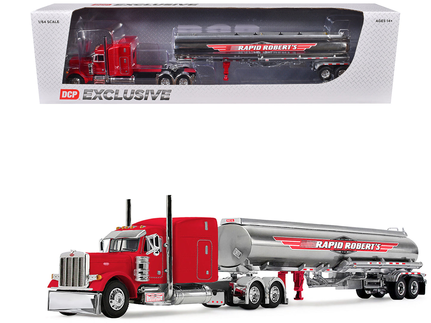 Peterbilt 379 with 63" Mid-Roof Sleeper and Heil Fuel Tank Trailer "Rapid Roberts" Red 1/64 Diecast Model