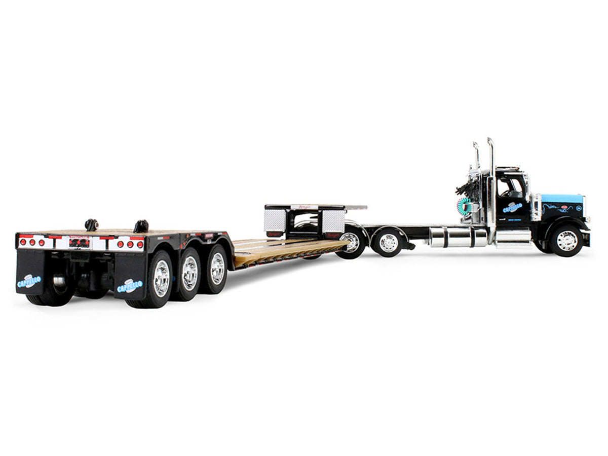 Peterbilt 589 Day Cab and Fontaine Renegade LXT40 Lowboy Trailer with Fliptail "Cappello Heavy Transport" Black with Light Blue Hood 1/64 Diecast Model