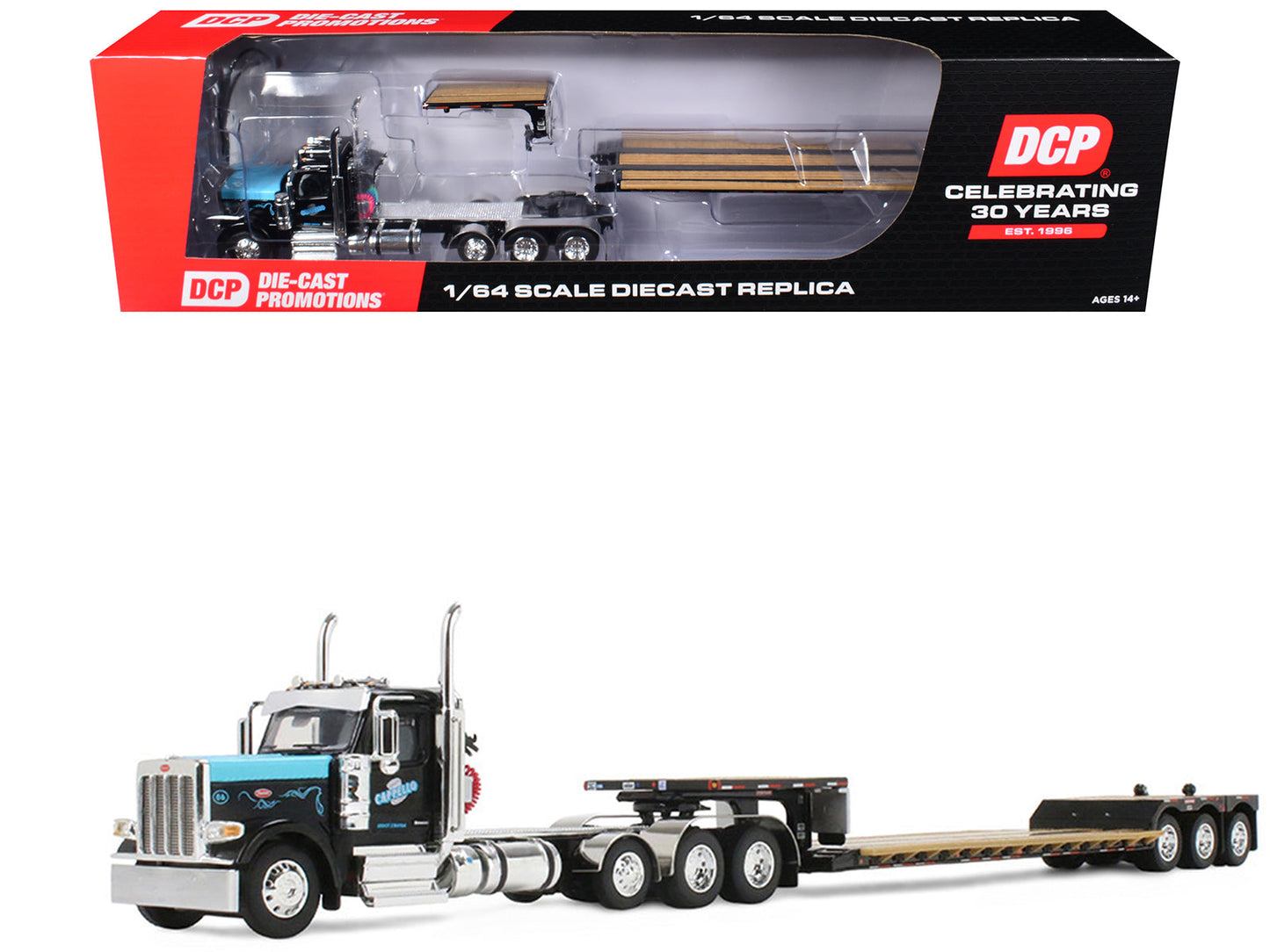 Peterbilt 589 Day Cab and Fontaine Renegade LXT40 Lowboy Trailer with Fliptail "Cappello Heavy Transport" Black with Light Blue Hood 1/64 Diecast Model