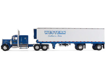 Peterbilt 351 with 63" Flat Top Sleeper and 40' Vintage Trailer with Reefer "Western Distributing" Blue Metallic and White 1/64 Diecast Model
