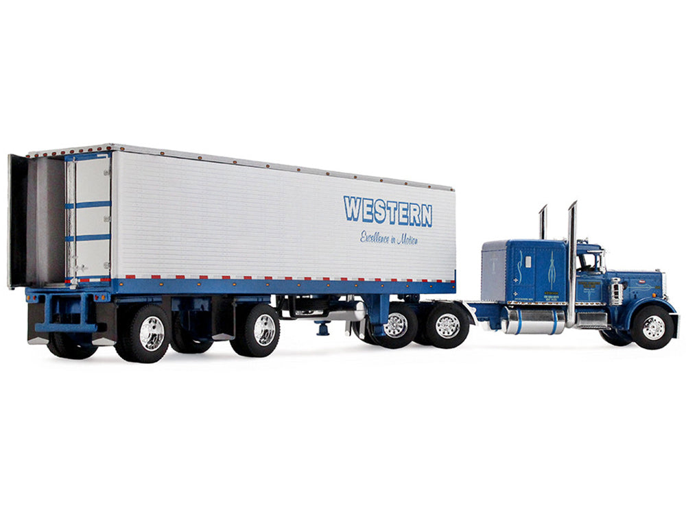 Peterbilt 351 with 63" Flat Top Sleeper and 40' Vintage Trailer with Reefer "Western Distributing" Blue Metallic and White 1/64 Diecast Model