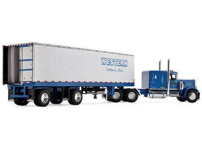 Peterbilt 351 with 63" Flat Top Sleeper and 40' Vintage Trailer with Reefer "Western Distributing" Blue Metallic and White 1/64 Diecast Model