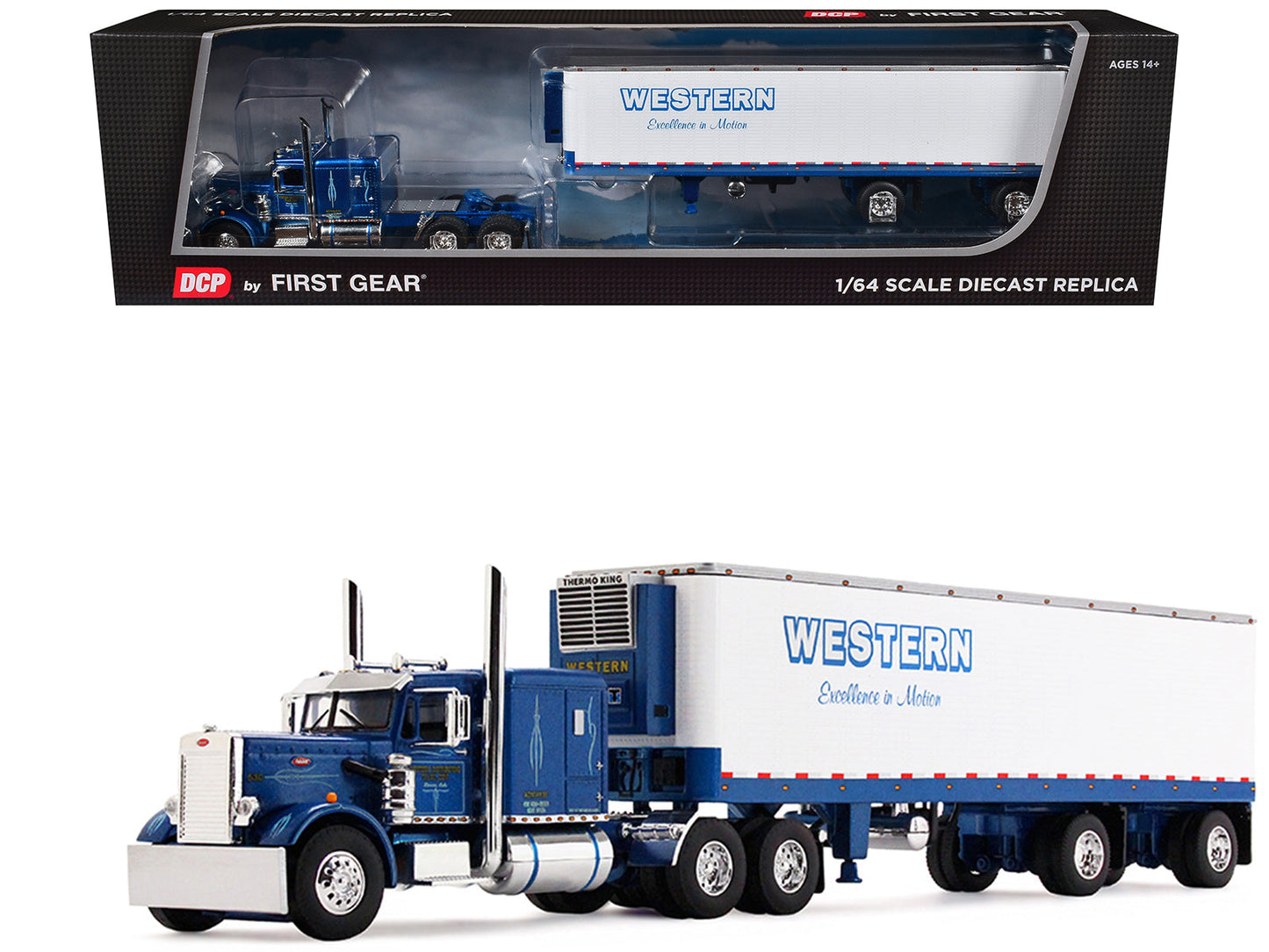 Peterbilt 351 with 63" Flat Top Sleeper and 40' Vintage Trailer with Reefer "Western Distributing" Blue Metallic and White 1/64 Diecast Model