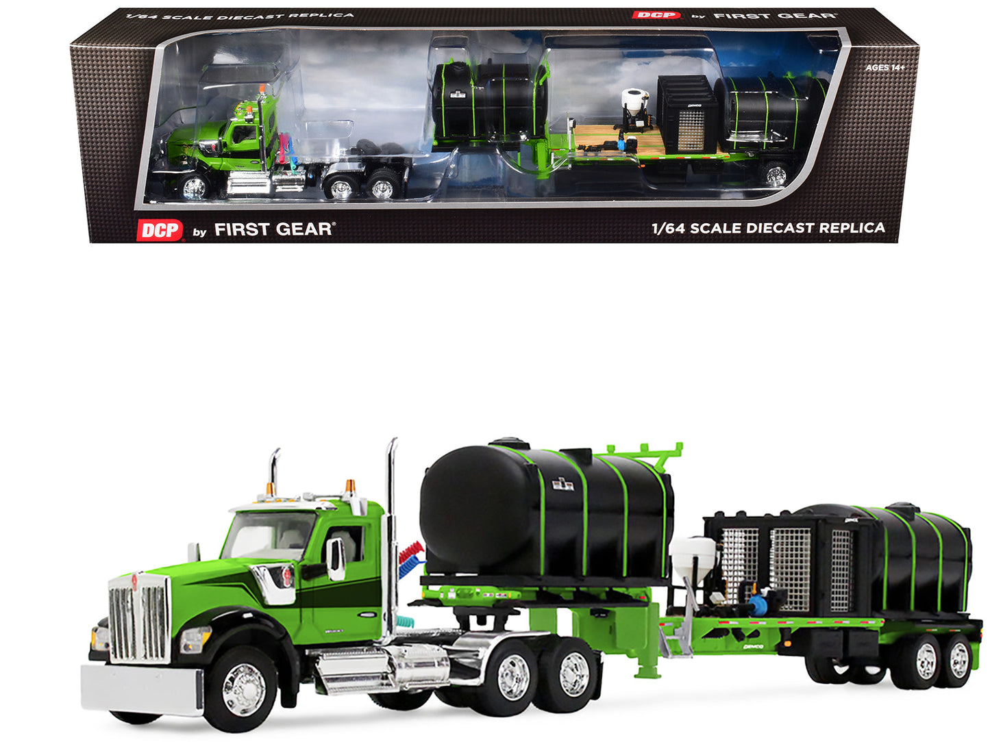 Kenworth W900 Day Cab with Demco 42' Liquid Fertilizer Tender Trailer Green and Black 1/64 Diecast Model