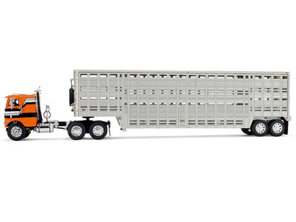 Freightliner COE and 45' Wilson Vintage Livestock Trailer Orange with Stripes 1/64 Diecast Model