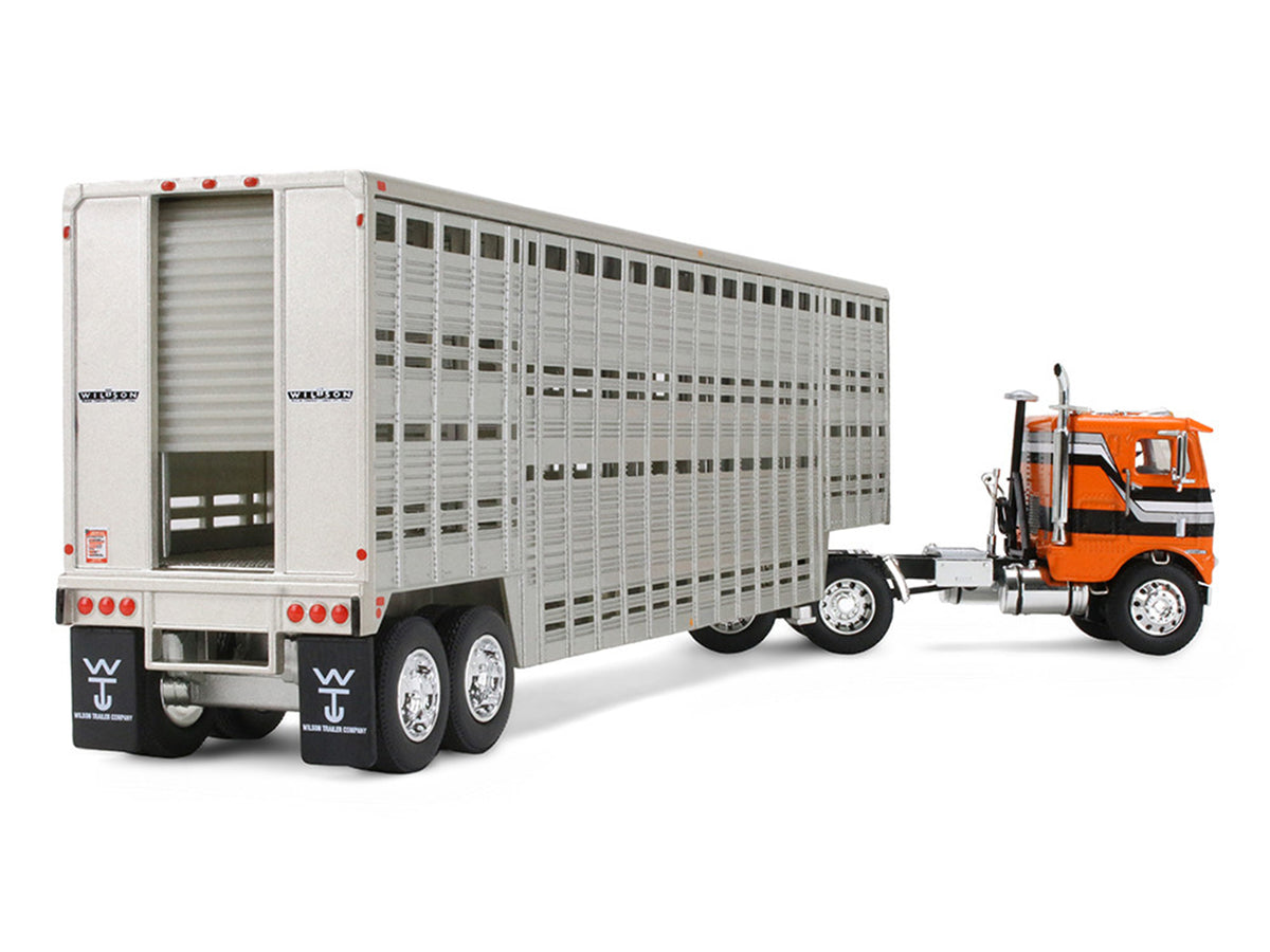 Freightliner COE and 45' Wilson Vintage Livestock Trailer Orange with Stripes 1/64 Diecast Model