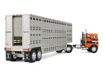 Freightliner COE and 45' Wilson Vintage Livestock Trailer Orange with Stripes 1/64 Diecast Model