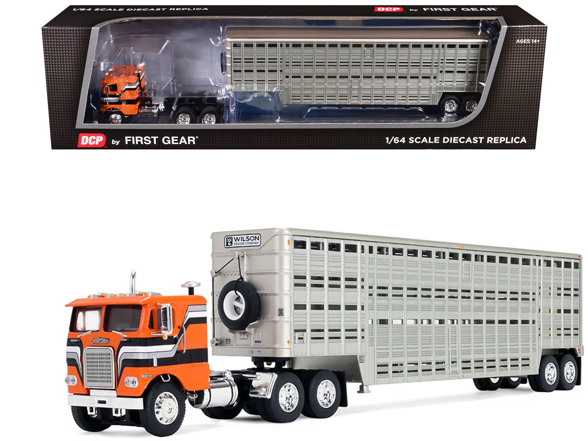 Freightliner COE and 45' Wilson Vintage Livestock Trailer Orange with Stripes 1/64 Diecast Model