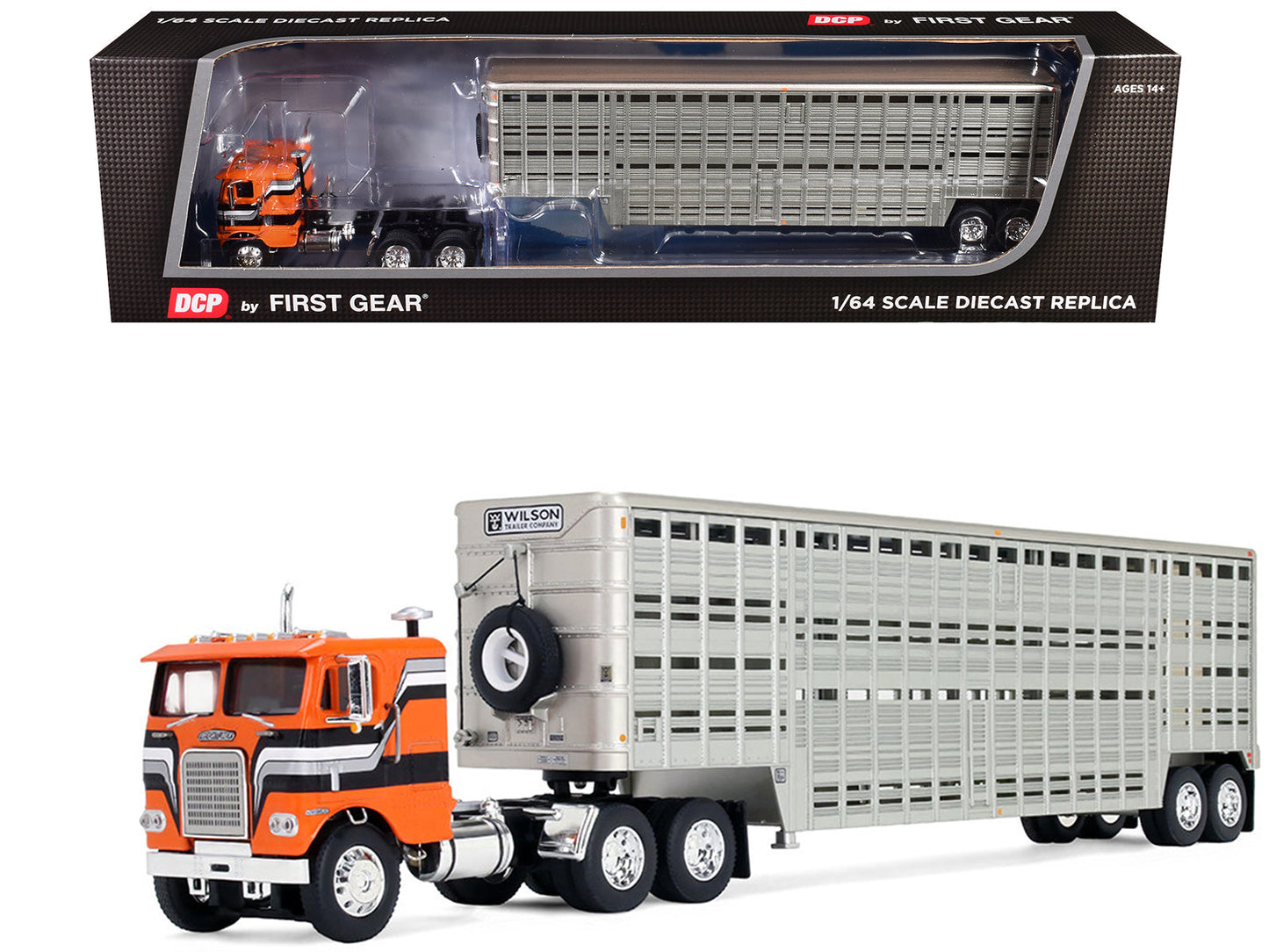 Freightliner COE and 45' Wilson Vintage Livestock Trailer Orange with Stripes 1/64 Diecast Model