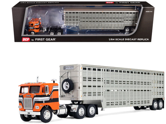 Freightliner COE and 45' Wilson Vintage Livestock Trailer Orange with Stripes 1/64 Diecast Model