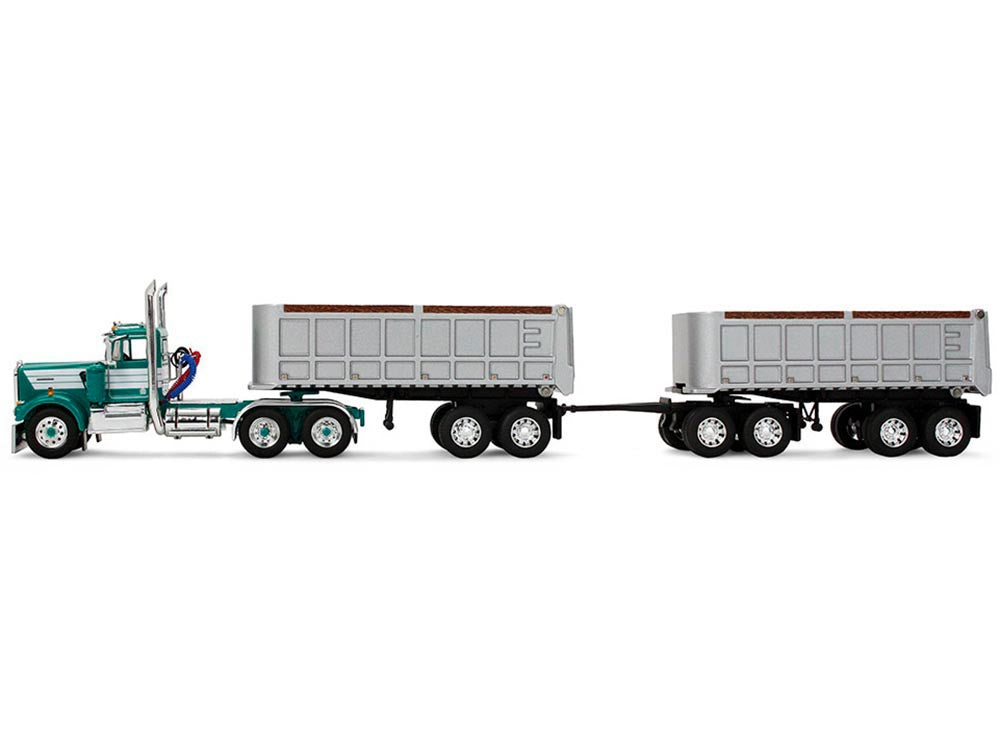 Kenworth W900A Day Cab with 22' Dual End Dump Trailers Turquoise with White Stripes 1/64 Diecast Model