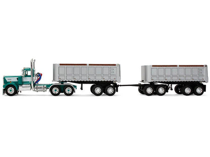 Kenworth W900A Day Cab with 22' Dual End Dump Trailers Turquoise with White Stripes 1/64 Diecast Model