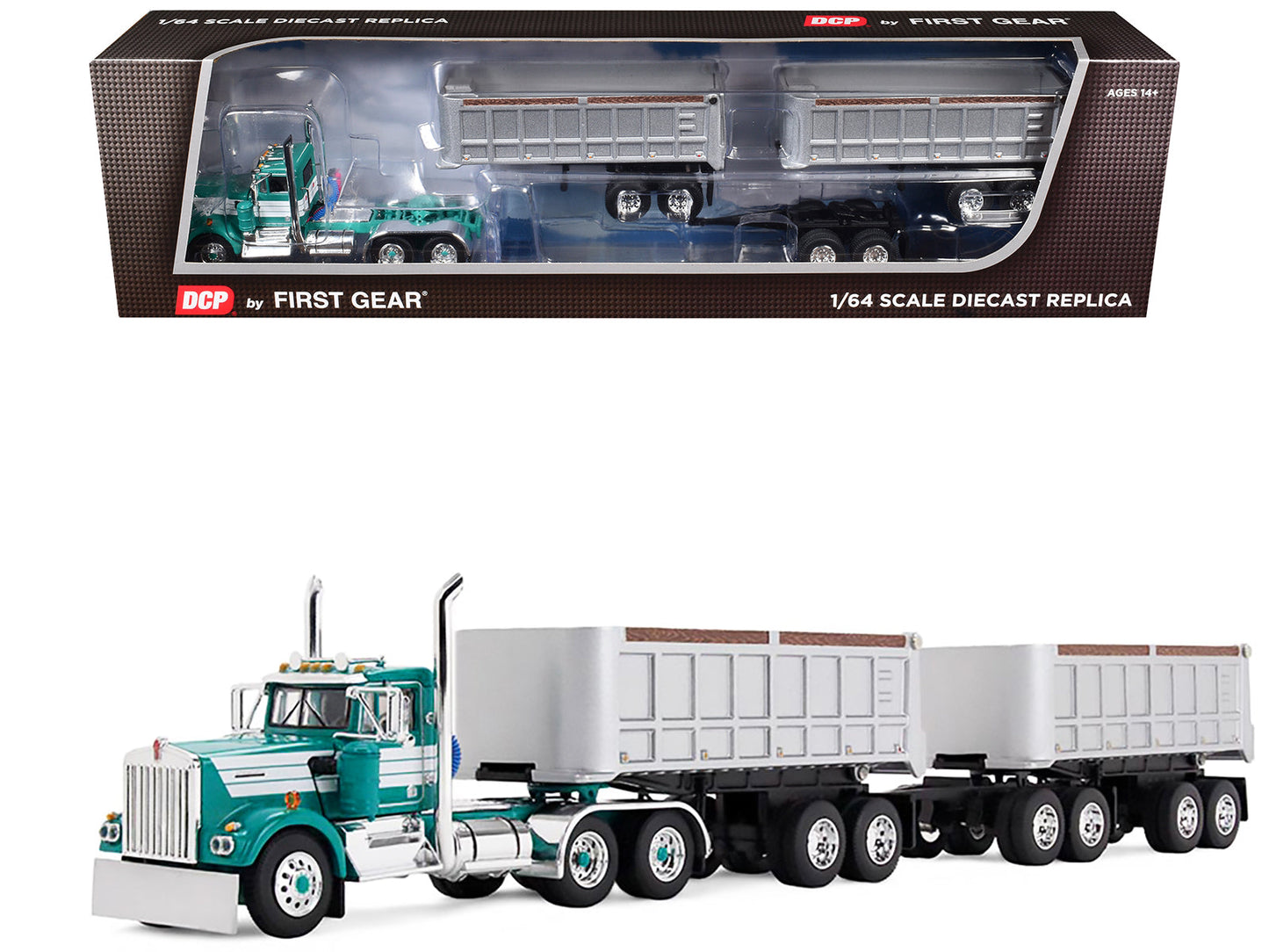 Kenworth W900A Day Cab with 22' Dual End Dump Trailers Turquoise with White Stripes 1/64 Diecast Model