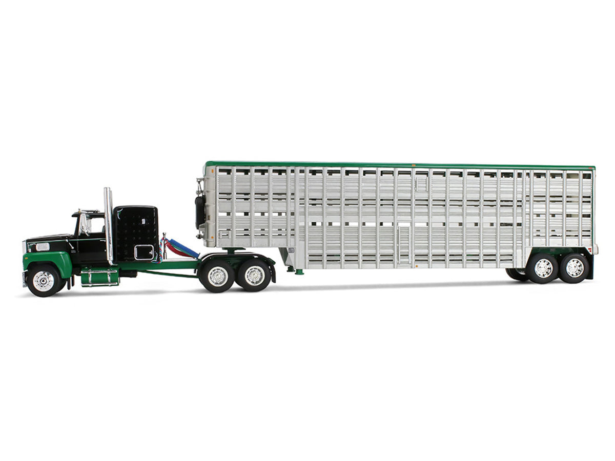 Ford LTL 9000 with 60" Flat Top Sleeper and 45' Wilson Vintage Livestock Trailer Black and Green 1/64 Diecast Model