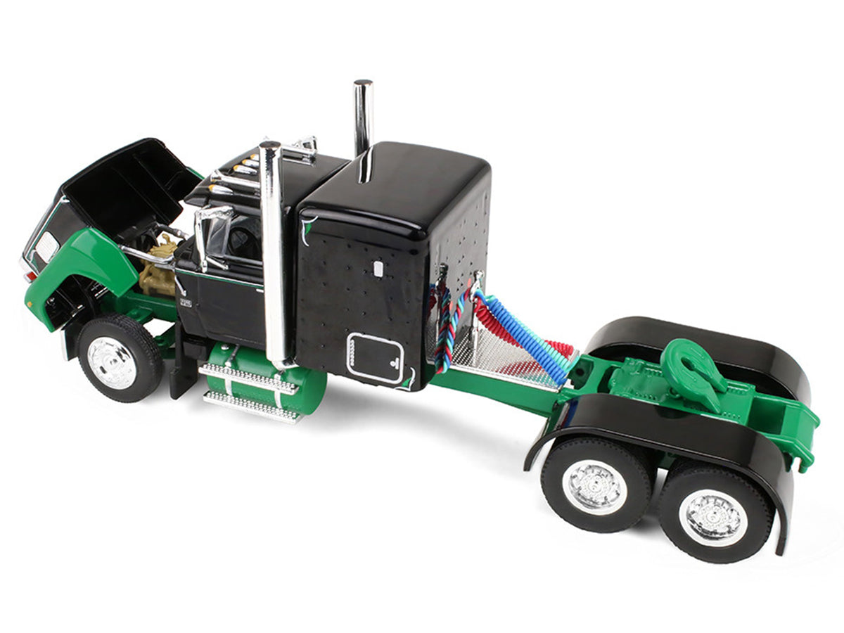 Ford LTL 9000 with 60" Flat Top Sleeper and 45' Wilson Vintage Livestock Trailer Black and Green 1/64 Diecast Model