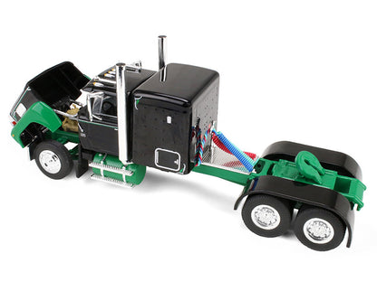 Ford LTL 9000 with 60" Flat Top Sleeper and 45' Wilson Vintage Livestock Trailer Black and Green 1/64 Diecast Model
