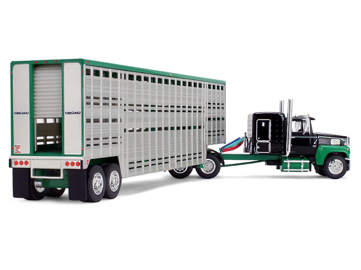 Ford LTL 9000 with 60" Flat Top Sleeper and 45' Wilson Vintage Livestock Trailer Black and Green 1/64 Diecast Model