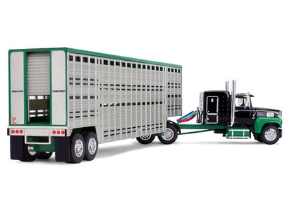 Ford LTL 9000 with 60" Flat Top Sleeper and 45' Wilson Vintage Livestock Trailer Black and Green 1/64 Diecast Model