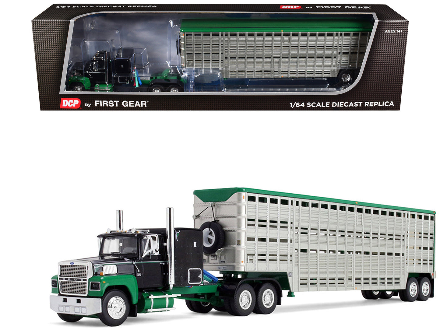 Ford LTL 9000 with 60" Flat Top Sleeper and 45' Wilson Vintage Livestock Trailer Black and Green 1/64 Diecast Model