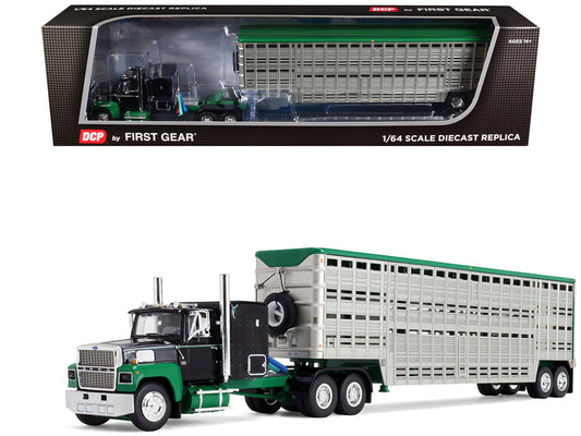 Ford LTL 9000 with 60" Flat Top Sleeper and 45' Wilson Vintage Livestock Trailer Black and Green 1/64 Diecast Model