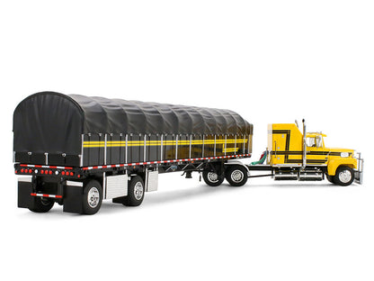 Ford LTL 9000 with 60" Aerodyne Sleeper and 53' Wilson Roadbrute Flatbed Trailer with Covered Wagon Yellow with Black Stripes 1/64 Diecast Model