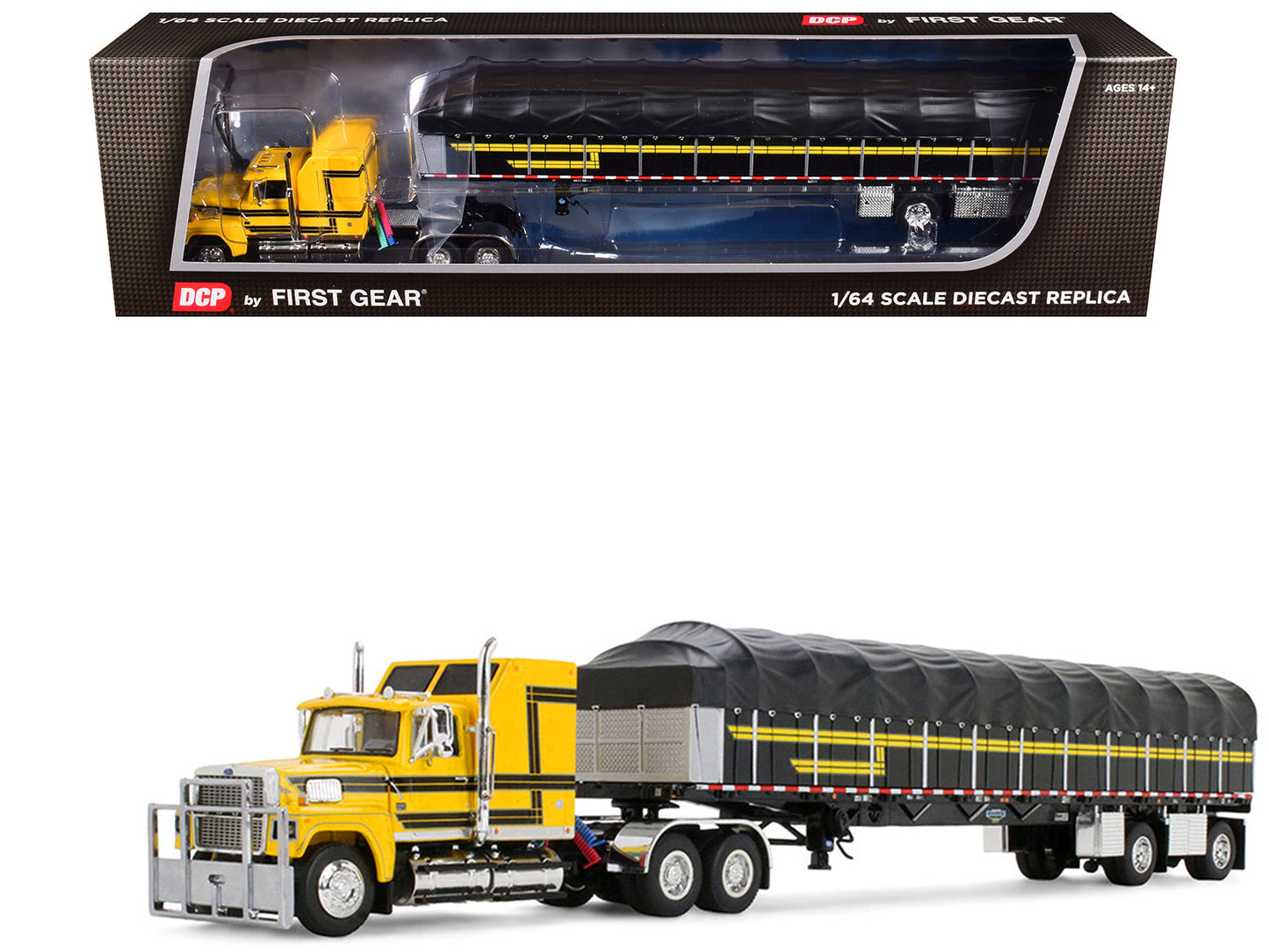 Ford LTL 9000 with 60" Aerodyne Sleeper and 53' Wilson Roadbrute Flatbed Trailer with Covered Wagon Yellow with Black Stripes 1/64 Diecast Model