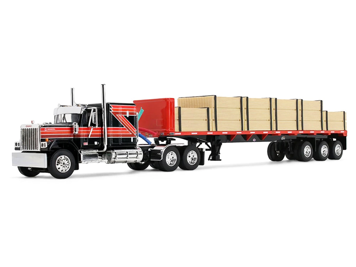 GMC General with 60" Flat Top Sleeper & 48' Utility Flatbed Trailer with Lumber Load Black with Red Stripes 1/64 Diecast Model