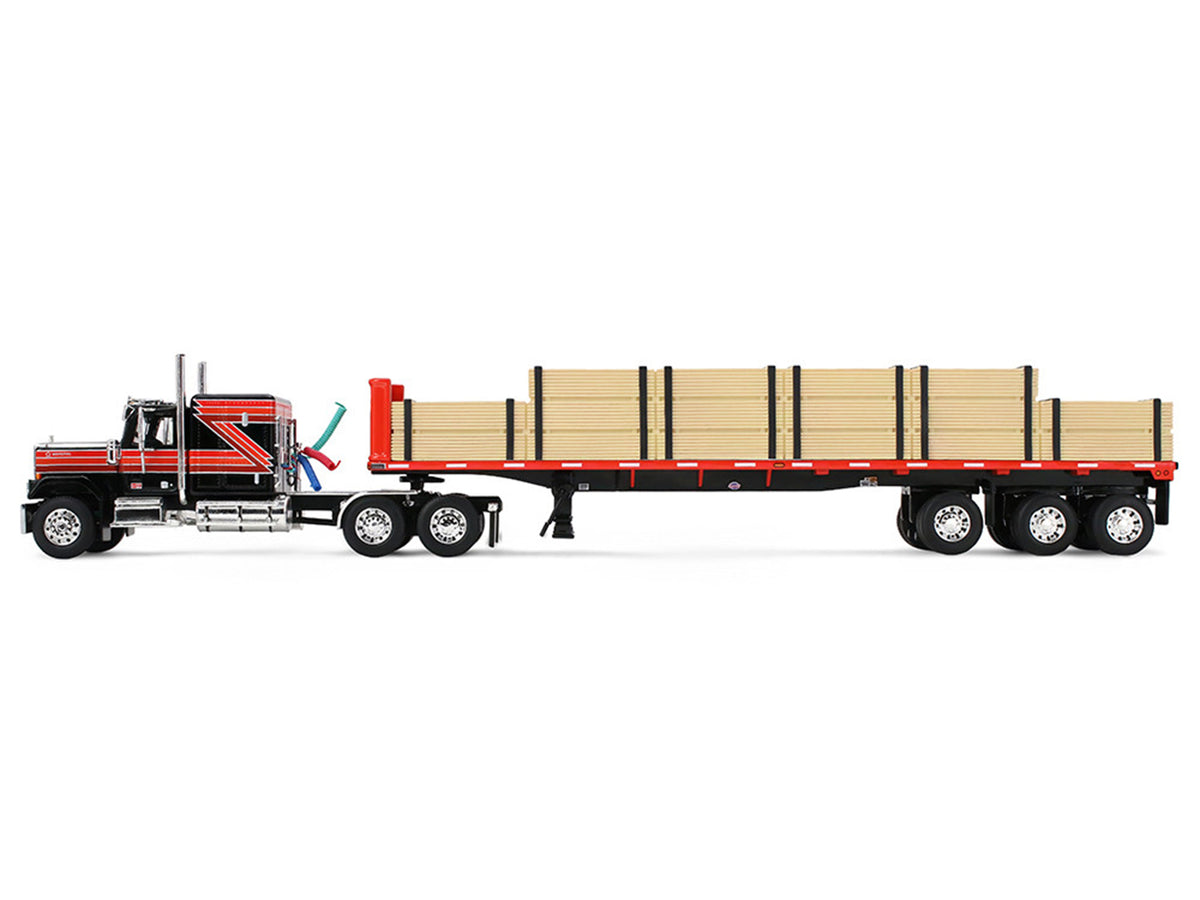 GMC General with 60" Flat Top Sleeper & 48' Utility Flatbed Trailer with Lumber Load Black with Red Stripes 1/64 Diecast Model