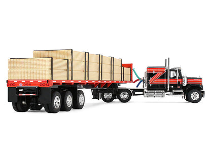 GMC General with 60" Flat Top Sleeper & 48' Utility Flatbed Trailer with Lumber Load Black with Red Stripes 1/64 Diecast Model