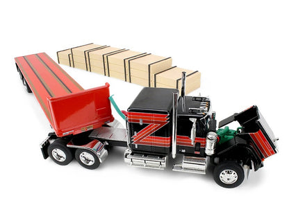 GMC General with 60" Flat Top Sleeper & 48' Utility Flatbed Trailer with Lumber Load Black with Red Stripes 1/64 Diecast Model