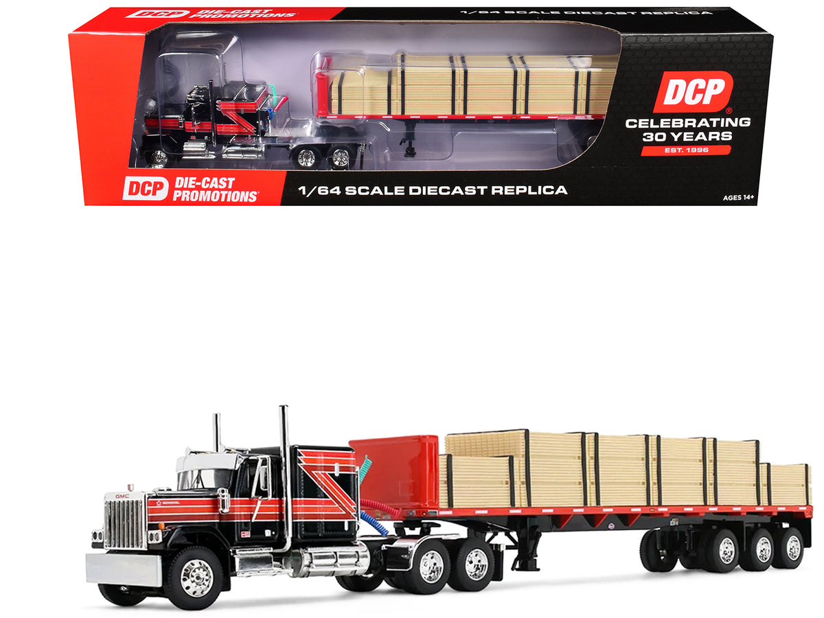 GMC General with 60" Flat Top Sleeper & 48' Utility Flatbed Trailer with Lumber Load Black with Red Stripes 1/64 Diecast Model