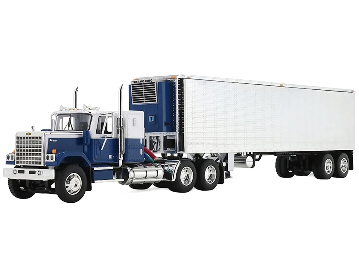 Chevrolet Bison with 34" Flat Top Sleeper & 40' Vintage Trailer with Reefer Blue and White 1/64 Diecast Model