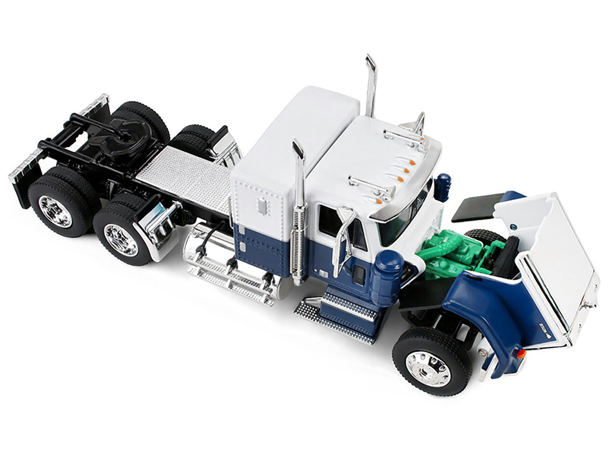 Chevrolet Bison with 34" Flat Top Sleeper & 40' Vintage Trailer with Reefer Blue and White 1/64 Diecast Model