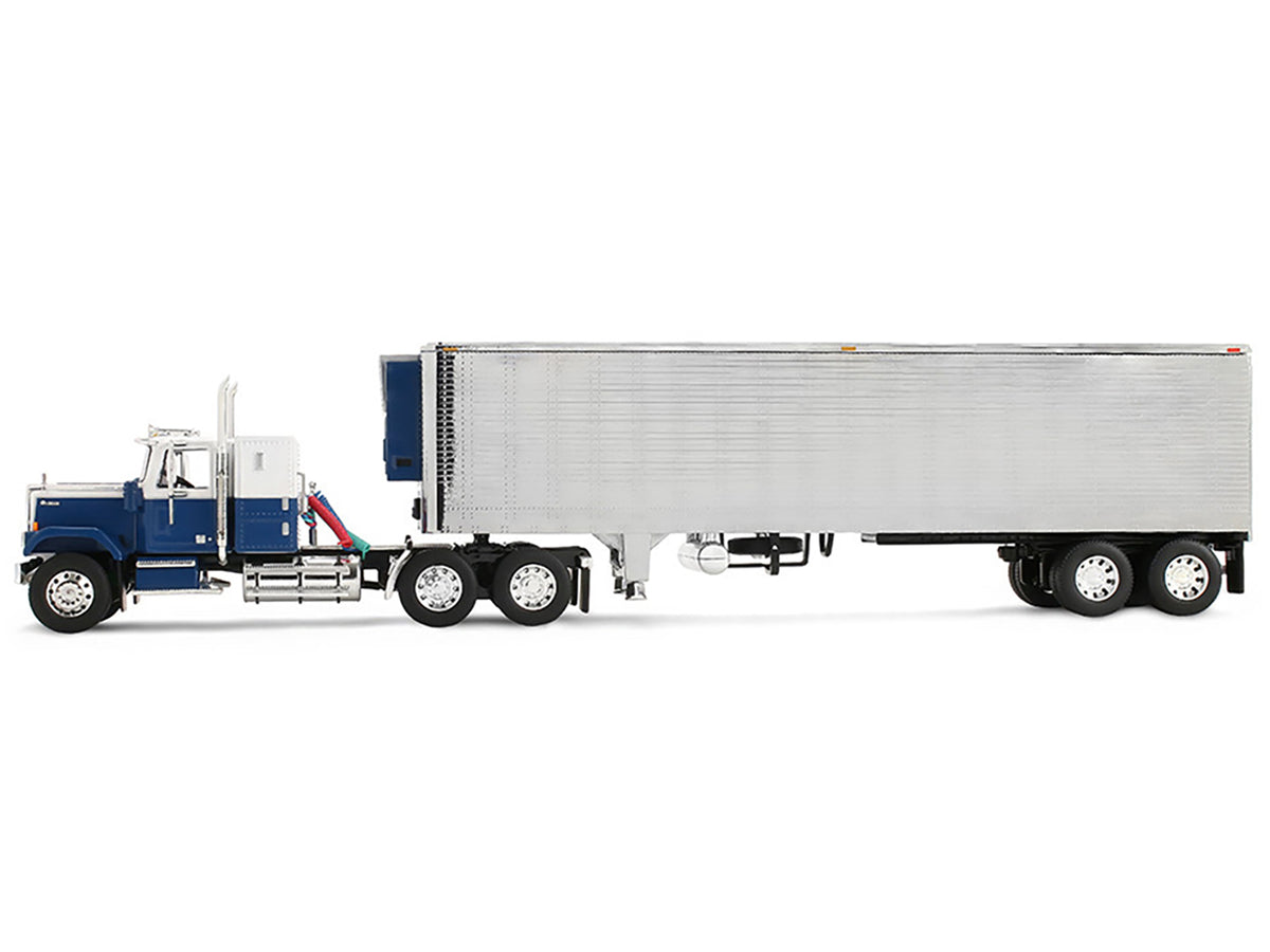 Chevrolet Bison with 34" Flat Top Sleeper & 40' Vintage Trailer with Reefer Blue and White 1/64 Diecast Model
