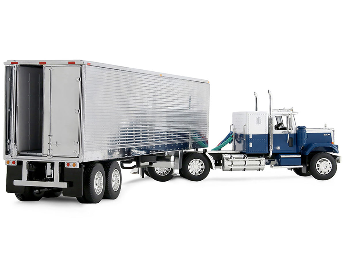 Chevrolet Bison with 34" Flat Top Sleeper & 40' Vintage Trailer with Reefer Blue and White 1/64 Diecast Model